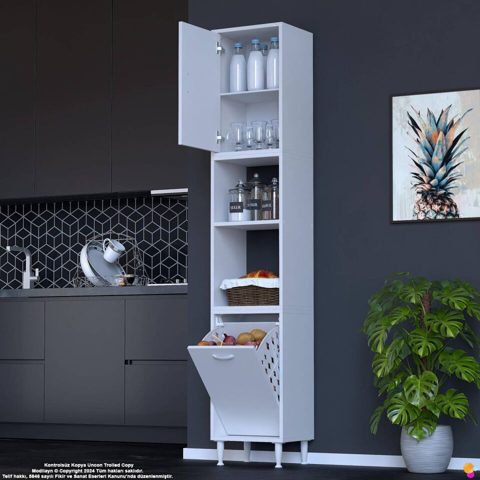 Asel 50 cm Sepetli Çok Amaçlı Mutfak Kiler Dolabı Banyo Kirli Çamaşır Oyuncak Dolabı Beyaz 50x213x32