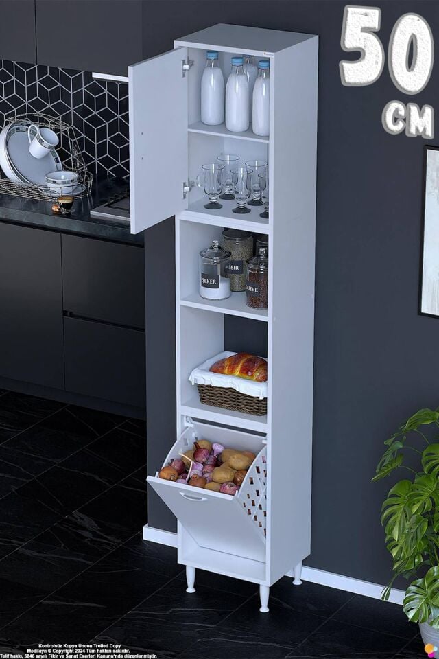 Asel 50 cm Sepetli Çok Amaçlı Mutfak Kiler Dolabı Banyo Kirli Çamaşır Oyuncak Dolabı Beyaz 50x213x32