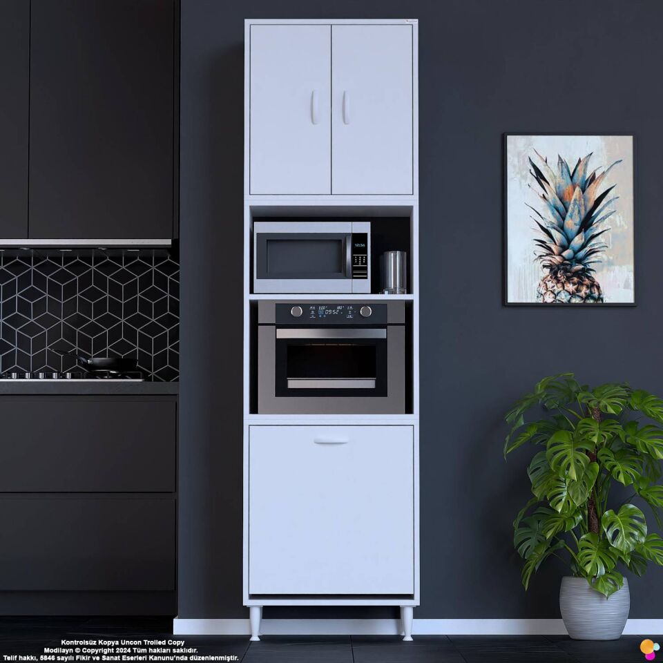 Asel 55 cm Fırın Uyumlu Sepetli Çok Amaçlı Dolap Banyo Kirli Çamaşır Oyuncak Dolabı Beyaz 55x213x32