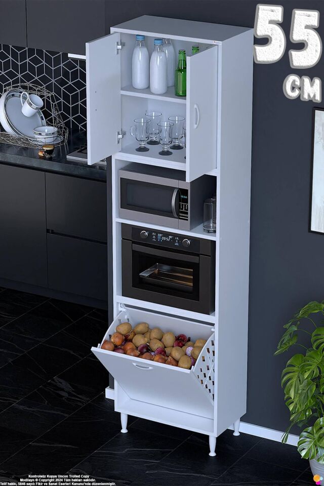 Asel 55 cm Fırın Uyumlu Sepetli Çok Amaçlı Dolap Banyo Kirli Çamaşır Oyuncak Dolabı Beyaz 55x213x32