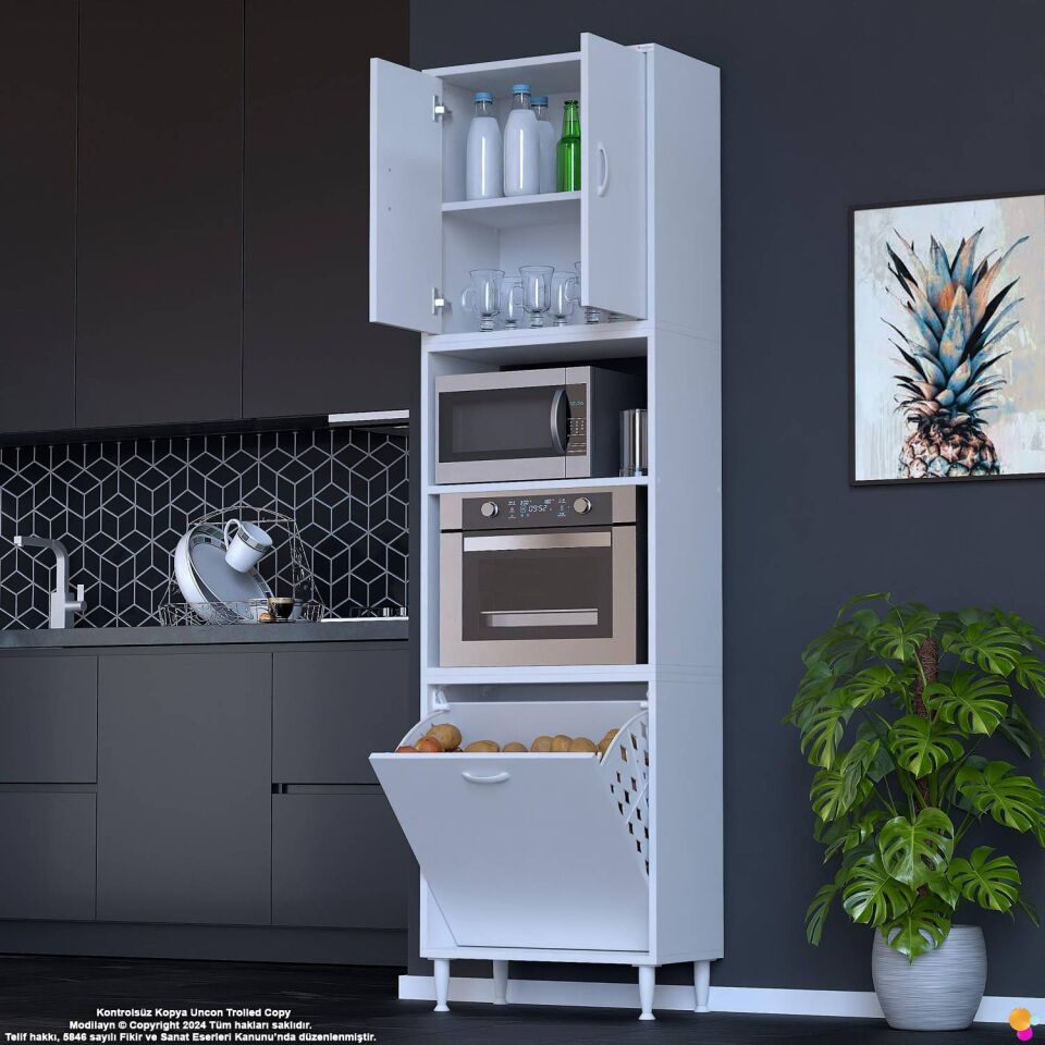 Asel 65 cm Fırın Uyumlu Sepetli Çok Amaçlı Dolap Banyo Kirli Çamaşır Oyuncak Dolabı Beyaz 65x213x32