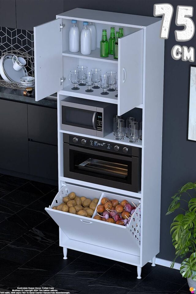 Asel 75 cm Fırın Uyumlu 2 Göz Sepetli Çok Amaçlı Banyo Kirli Çamaşır Oyuncak Dolabı Beyaz 75x213x32