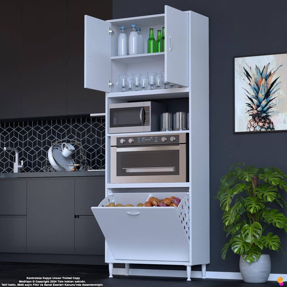 Asel 85 cm Fırın Uyumlu 2 Göz Sepetli Çok Amaçlı Banyo Kirli Çamaşır Oyuncak Dolabı Beyaz 85x213x32