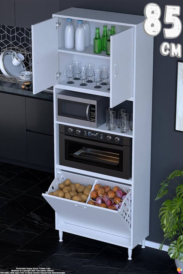 Asel 85 cm Fırın Uyumlu 2 Göz Sepetli Çok Amaçlı Banyo Kirli Çamaşır Oyuncak Dolabı Beyaz 85x213x32