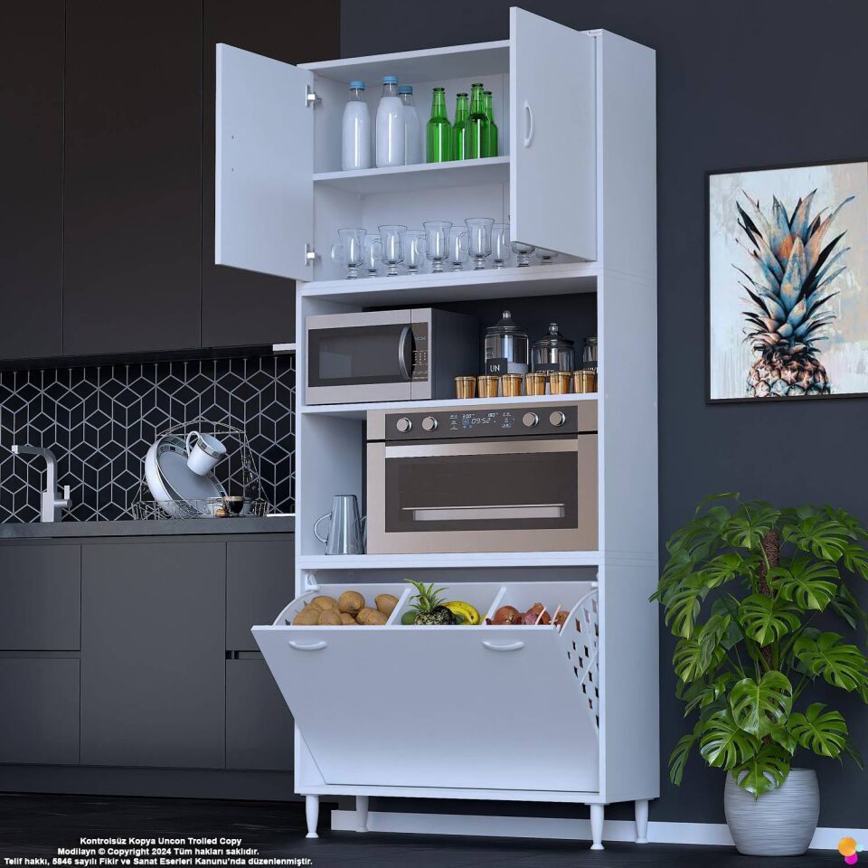 Asel 90 cm Fırın Uyumlu 3 Göz Sepetli Çok Amaçlı Banyo Kirli Çamaşır Oyuncak Dolabı Beyaz 90x213x32