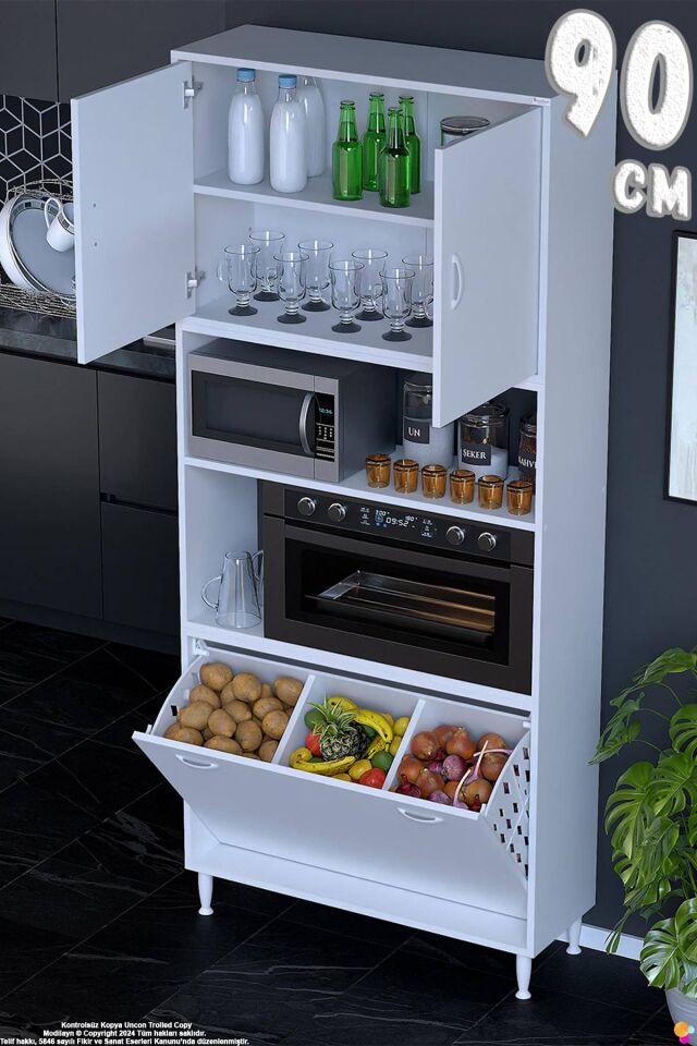 Asel 90 cm Fırın Uyumlu 3 Göz Sepetli Çok Amaçlı Banyo Kirli Çamaşır Oyuncak Dolabı Beyaz 90x213x32