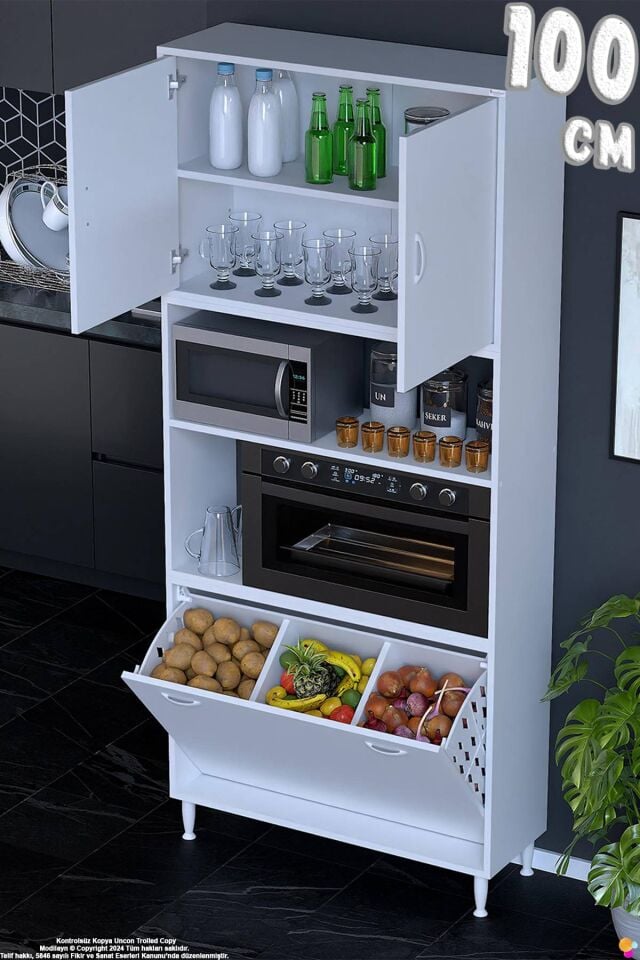 Asel 100 cm Fırın Uyumlu 3 Göz Sepetli Çok Amaçlı Banyo Kirli Çamaşır Oyuncak Dolabı 100x213x32 cm