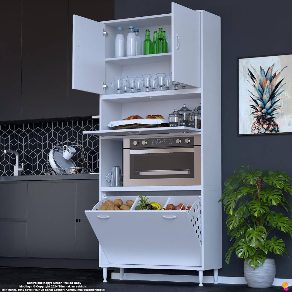 Vega 90 cm Fırın Uyumlu 3 Göz Sepetli Çok Amaçlı Mutfak Kiler Banyo Organizer Dolap 90x213x32 cm