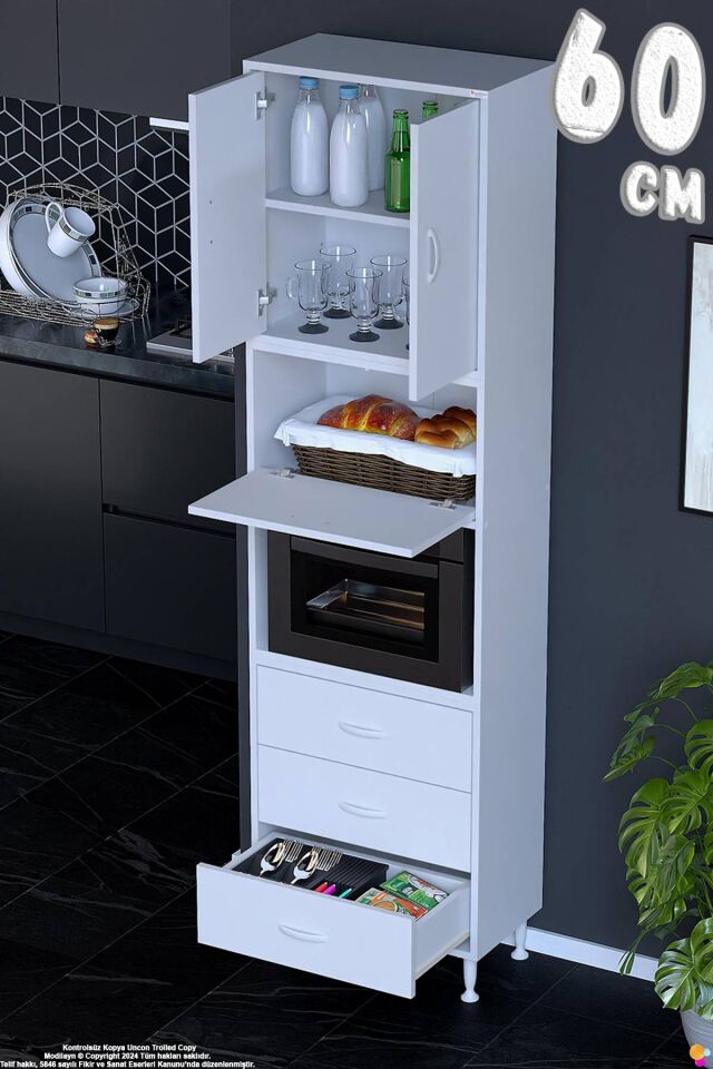 Roven 60 cm Fırın Dolabı Kahve Köşesi Üst Kapaklı 3 Çekmeceli Çok Amaçlı Kiler Dolabı