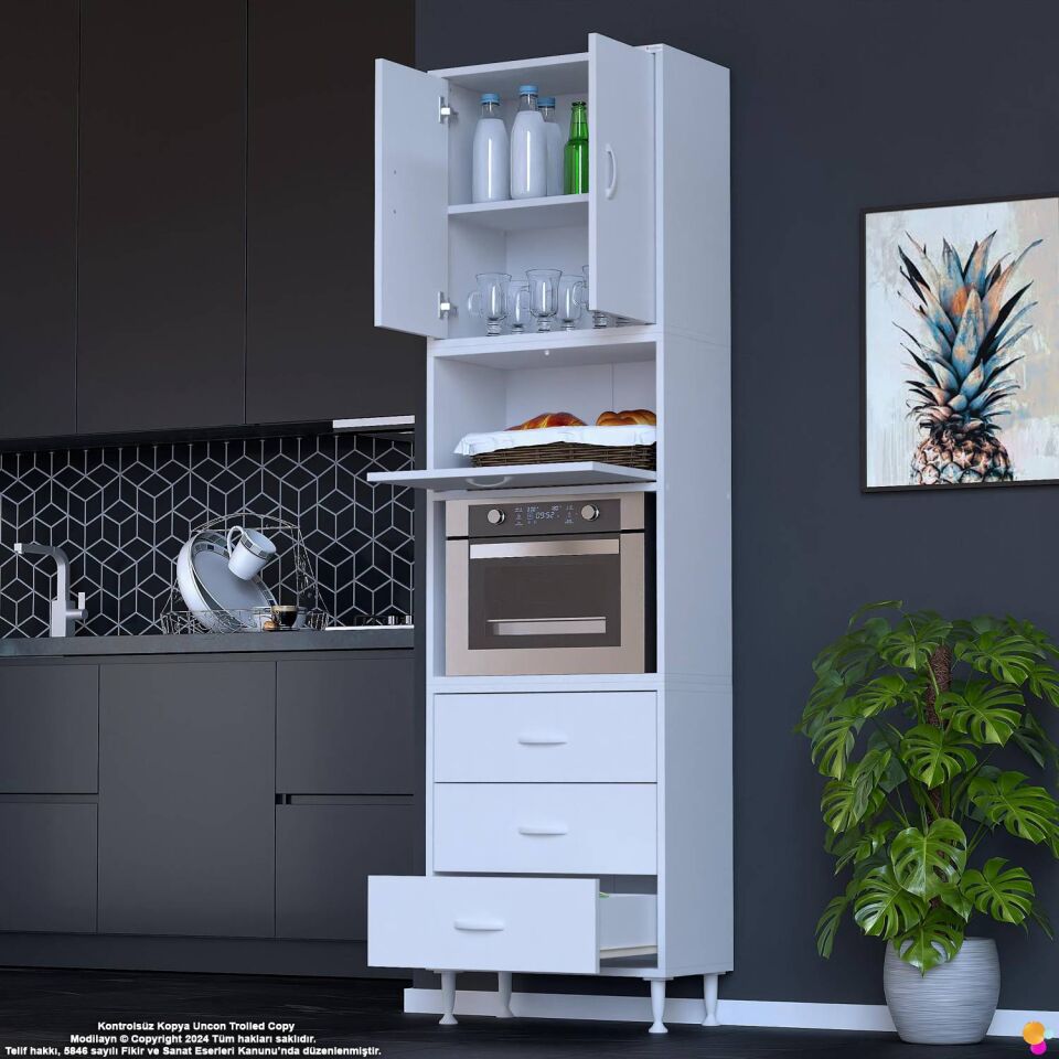 Roven 65 cm Fırın Dolabı Kahve Köşesi Üst Kapaklı 3 Çekmeceli Çok Amaçlı Kiler Dolabı