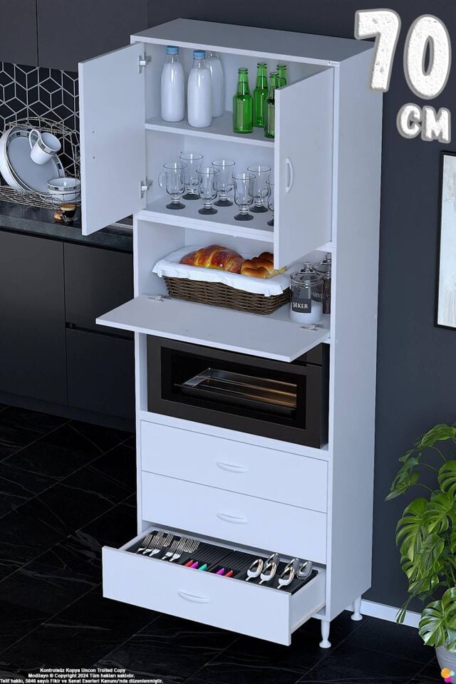 Roven 70 cm Fırın Dolabı Kahve Köşesi Üst Kapaklı 3 Çekmeceli Çok Amaçlı Kiler Dolabı