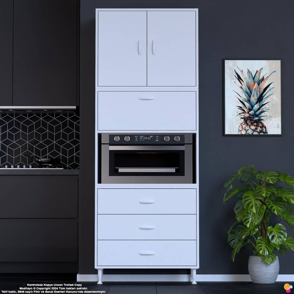 Roven 80 cm Fırın Dolabı Kahve Köşesi Üst Kapaklı 3 Çekmeceli Çok Amaçlı Kiler Dolabı