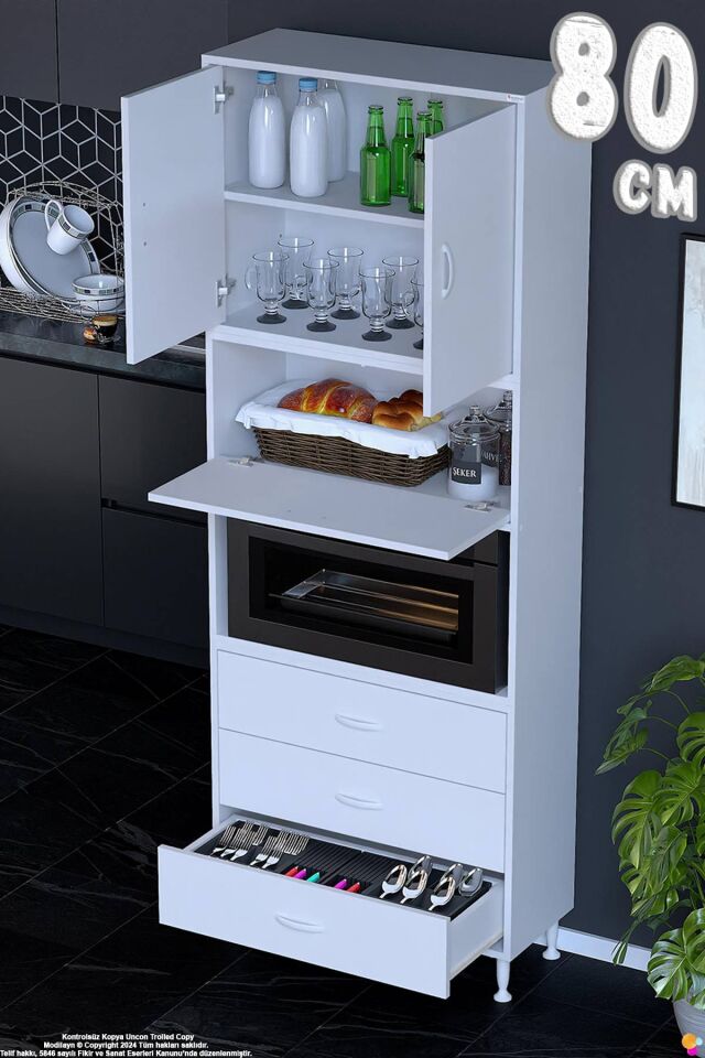 Roven 80 cm Fırın Dolabı Kahve Köşesi Üst Kapaklı 3 Çekmeceli Çok Amaçlı Kiler Dolabı
