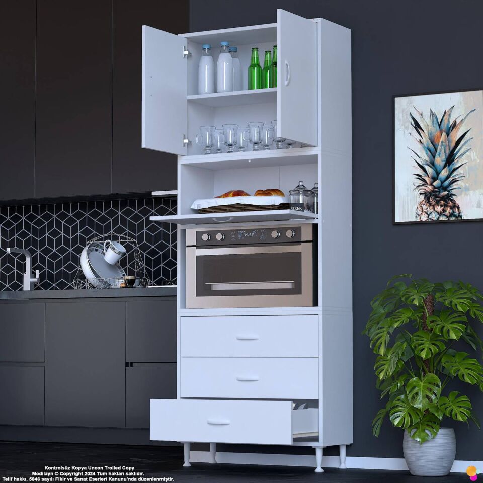 Roven 85 cm Fırın Dolabı Kahve Köşesi Üst Kapaklı 3 Çekmeceli Çok Amaçlı Kiler Dolabı