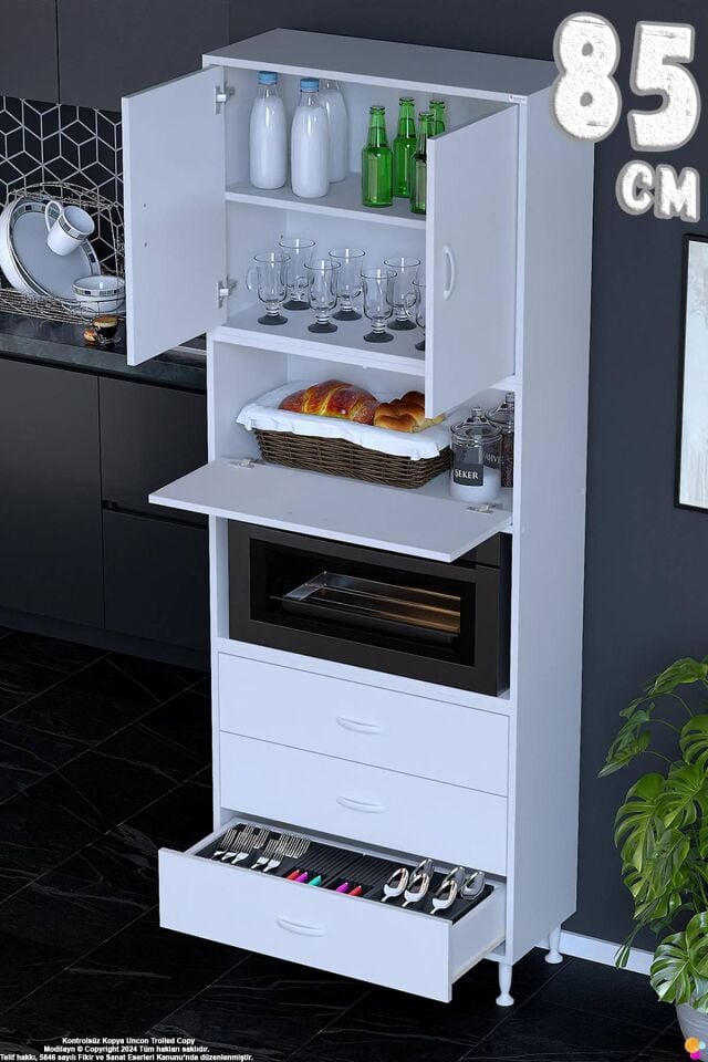 Roven 85 cm Fırın Dolabı Kahve Köşesi Üst Kapaklı 3 Çekmeceli Çok Amaçlı Kiler Dolabı