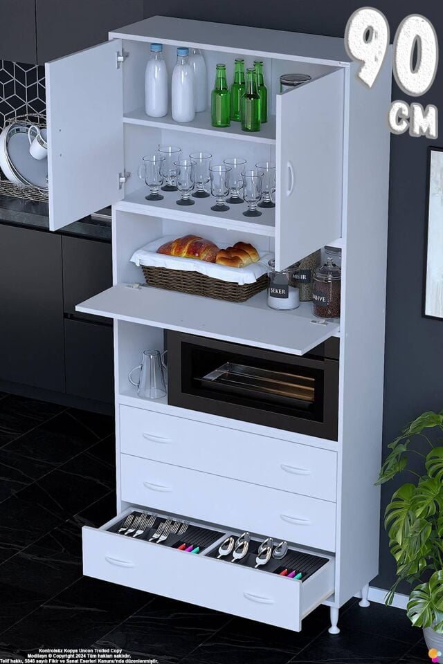 Roven 90 cm Fırın Dolabı Kahve Köşesi Üst Kapaklı 3 Çekmeceli Çok Amaçlı Kiler Dolabı