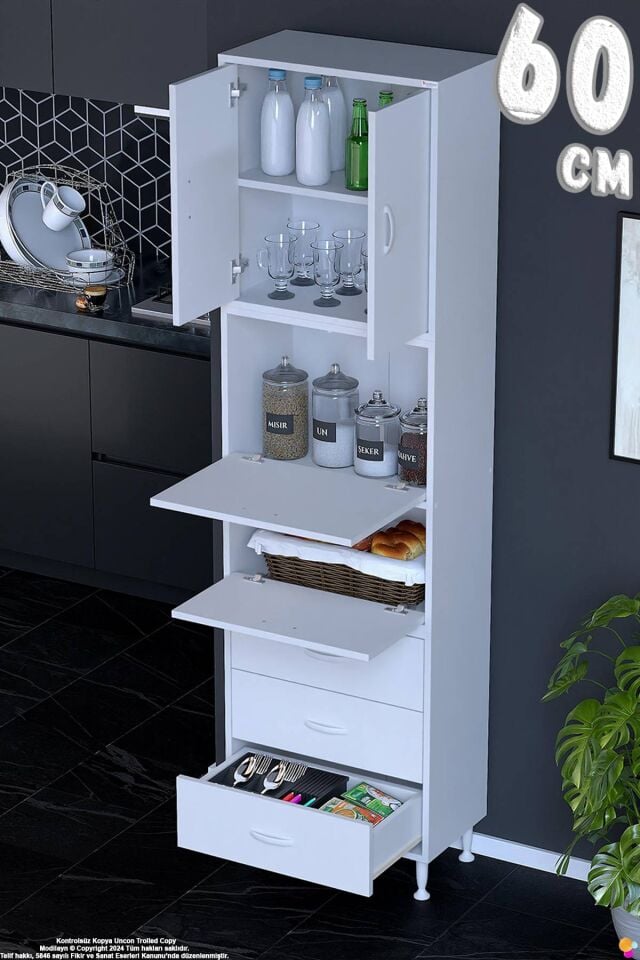 Ekin 60 cm Bakliyat Dolabı Kahve Köşesi 3 Çekmeceli Çok Amaçlı Mutfak Kiler Banyo Dolabı