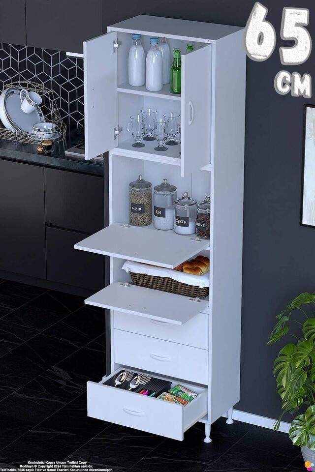 Ekin 65 cm Bakliyat Dolabı Kahve Köşesi 3 Çekmeceli Çok Amaçlı Mutfak Kiler Banyo Dolabı
