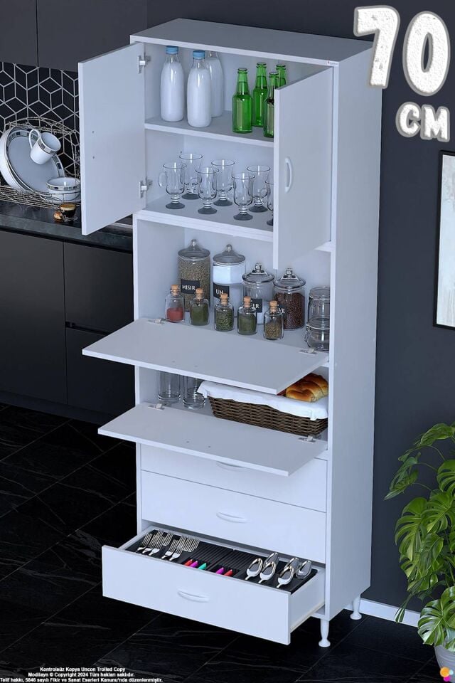 Ekin 70 cm Bakliyat Dolabı Kahve Köşesi 3 Çekmeceli Çok Amaçlı Mutfak Kiler Banyo Dolabı