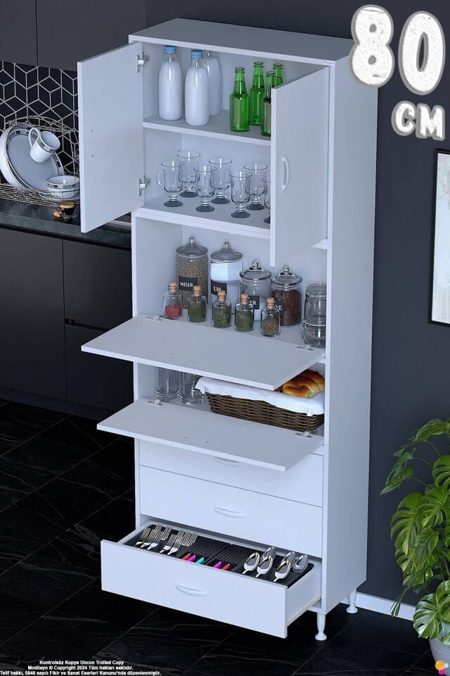Ekin 80 cm Bakliyat Dolabı Kahve Köşesi 3 Çekmeceli Çok Amaçlı Mutfak Kiler Banyo Dolabı