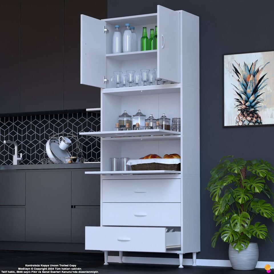 Ekin 85 cm Bakliyat Dolabı Kahve Köşesi 3 Çekmeceli Çok Amaçlı Mutfak Kiler Banyo Dolabı