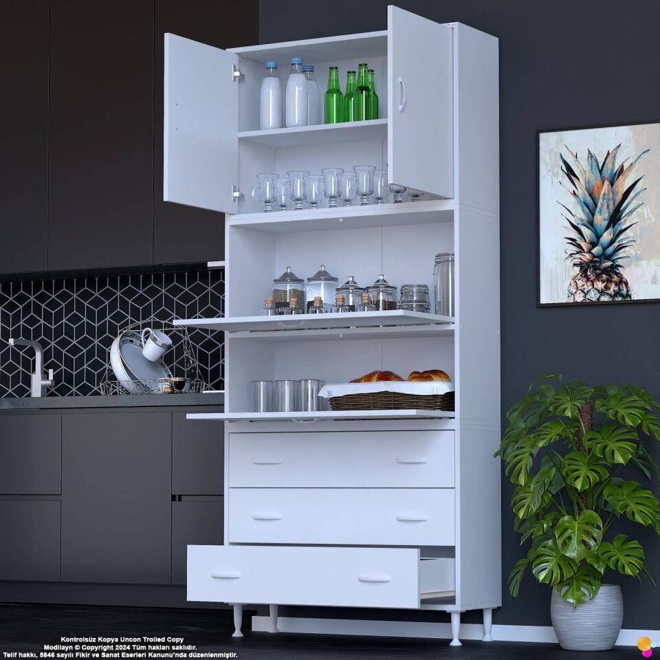 Ekin 95 cm Bakliyat Dolabı Kahve Köşesi 3 Çekmeceli Çok Amaçlı Mutfak Kiler Banyo Dolabı
