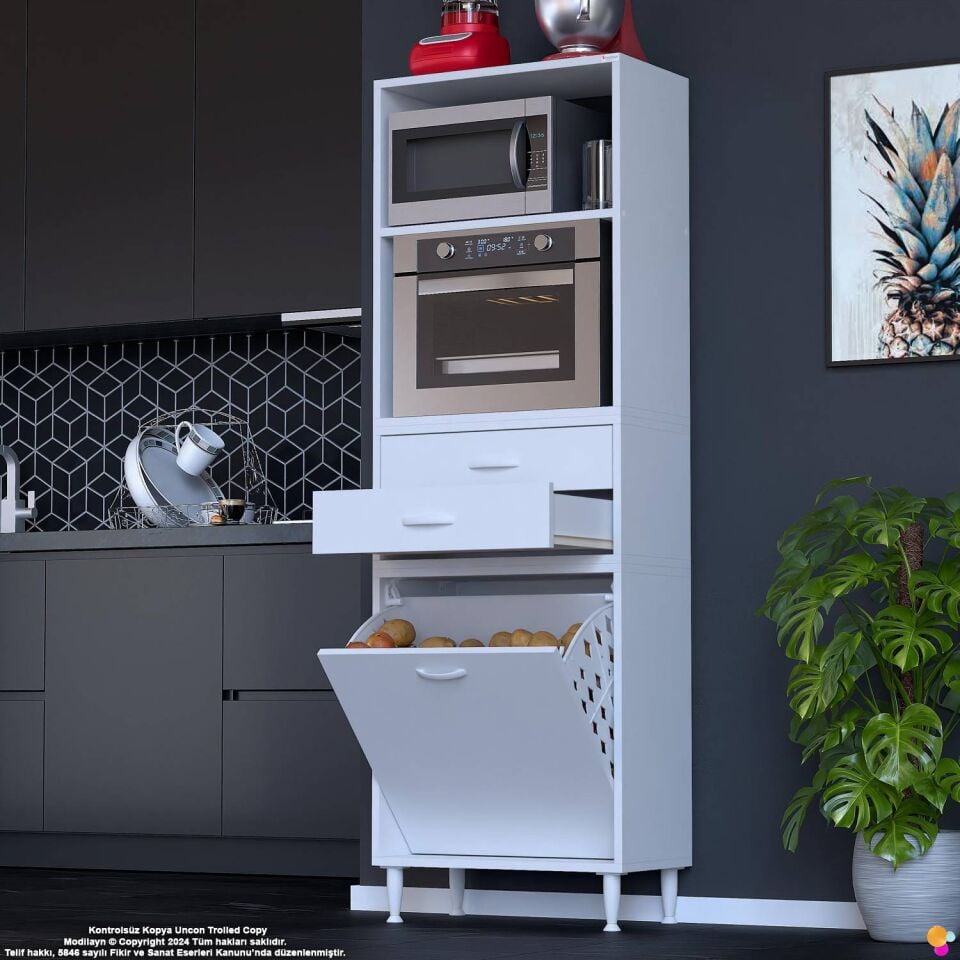 Saye 55 cm Fırın Dolab Sepetli Çok Amaçlı Mutfak Kiler Banyo Kirli Çamaşır Dolabı 55x181x32