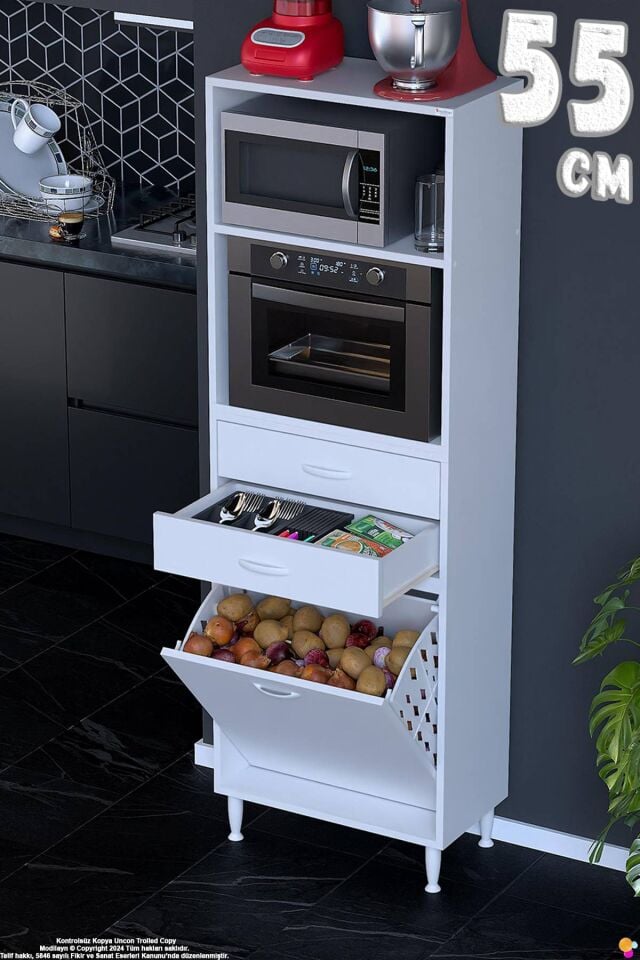 Saye 55 cm Fırın Dolab Sepetli Çok Amaçlı Mutfak Kiler Banyo Kirli Çamaşır Dolabı 55x181x32