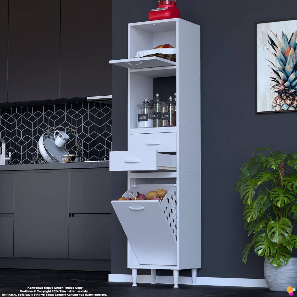 Duru 35 cm Çok Amaçlı Mutfak Dolabı Sepetli Kapaklı 2 Çekmeceli Dolap Banyo Kirli Çamaşır Dolabı