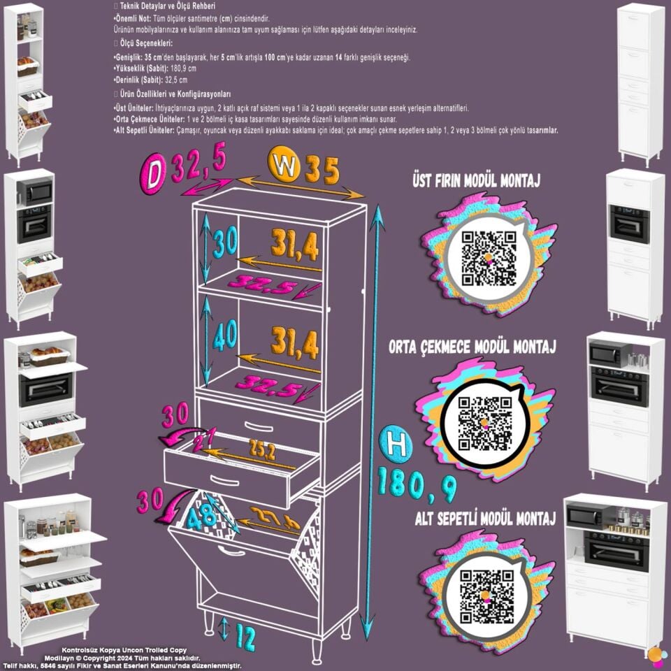 Duru 35 cm Çok Amaçlı Mutfak Dolabı Sepetli Kapaklı 2 Çekmeceli Dolap Banyo Kirli Çamaşır Dolabı