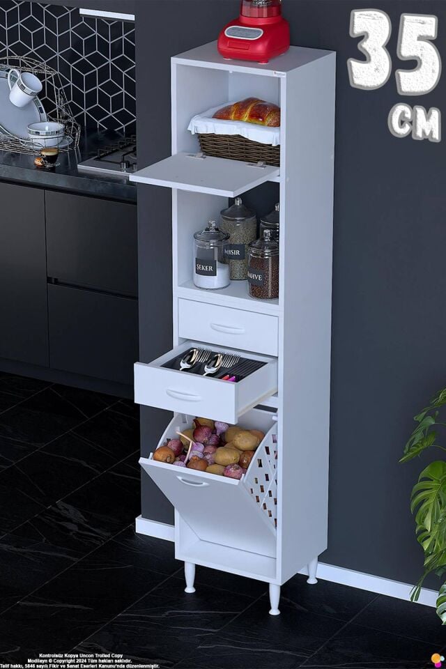 Duru 35 cm Çok Amaçlı Mutfak Dolabı Sepetli Kapaklı 2 Çekmeceli Dolap Banyo Kirli Çamaşır Dolabı