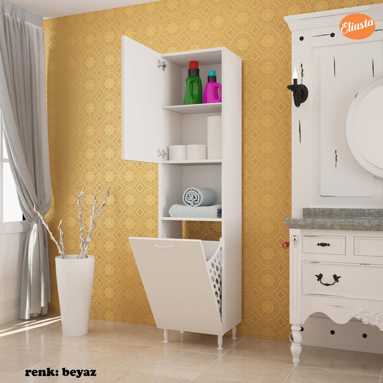 MODİLAYN KİRLİ ÇAMAŞIR DOLABI ÜÇ RAFLI DÜŞER KAPAKLI SEPETLİ BANYO DOLABI