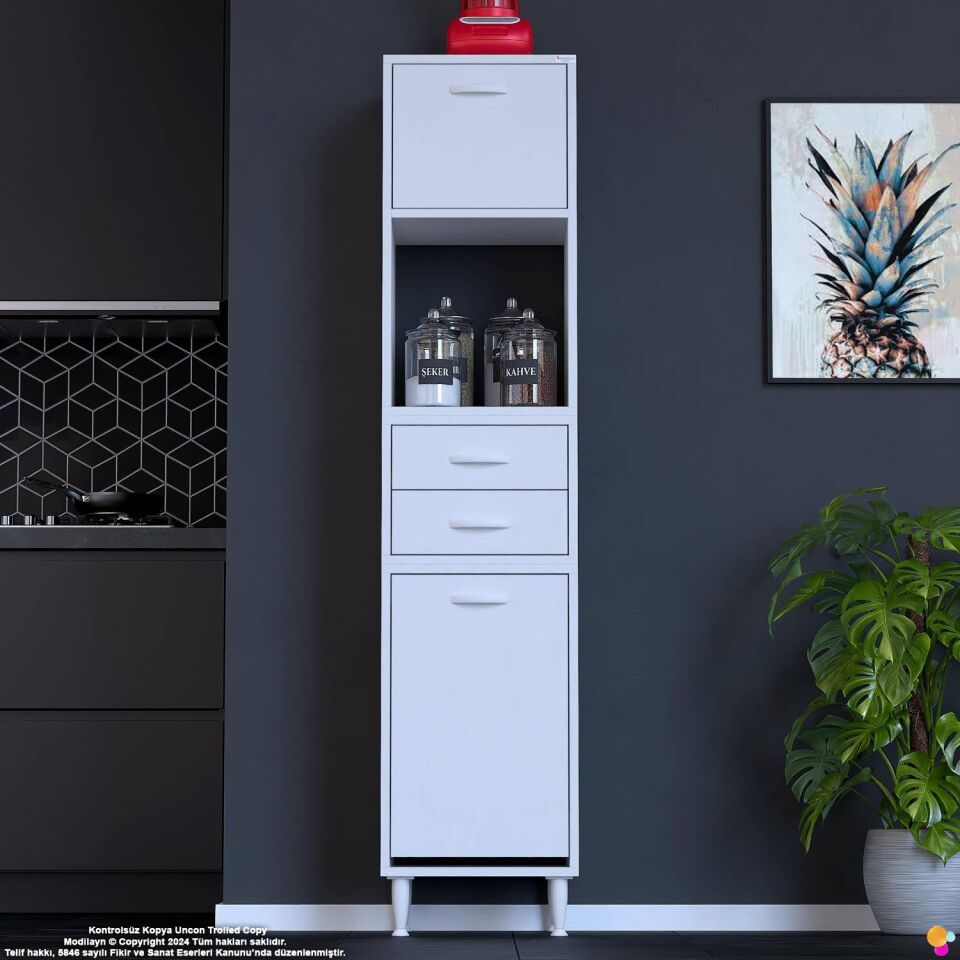 Duru 40 cm Çok Amaçlı Mutfak Dolabı Sepetli Kapaklı 2 Çekmeceli Dolap Banyo Kirli Çamaşır Dolabı