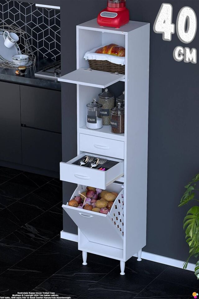 Duru 40 cm Çok Amaçlı Mutfak Dolabı Sepetli Kapaklı 2 Çekmeceli Dolap Banyo Kirli Çamaşır Dolabı