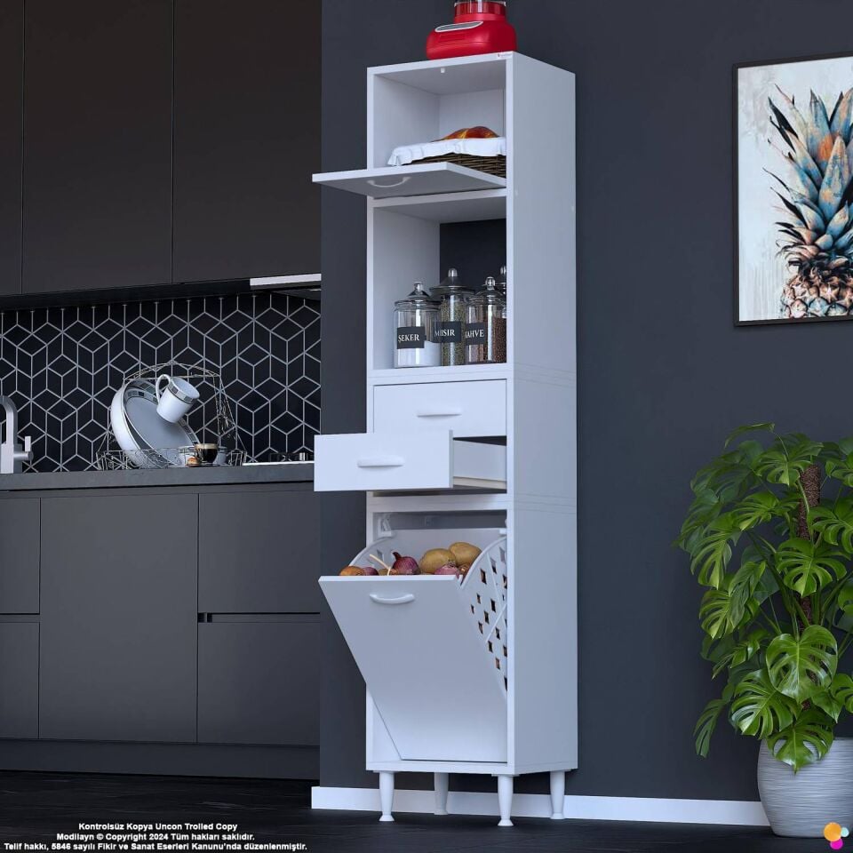 Duru 45 cm Çok Amaçlı Mutfak Dolabı Sepetli Kapaklı 2 Çekmeceli Dolap Banyo Kirli Çamaşır Dolabı