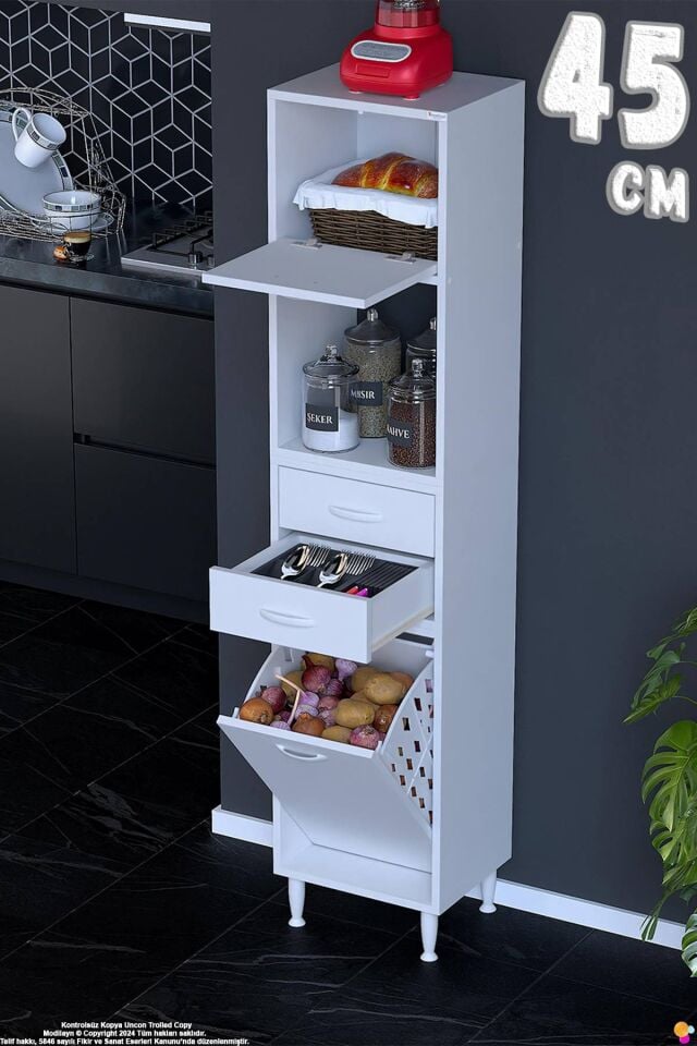 Duru 45 cm Çok Amaçlı Mutfak Dolabı Sepetli Kapaklı 2 Çekmeceli Dolap Banyo Kirli Çamaşır Dolabı