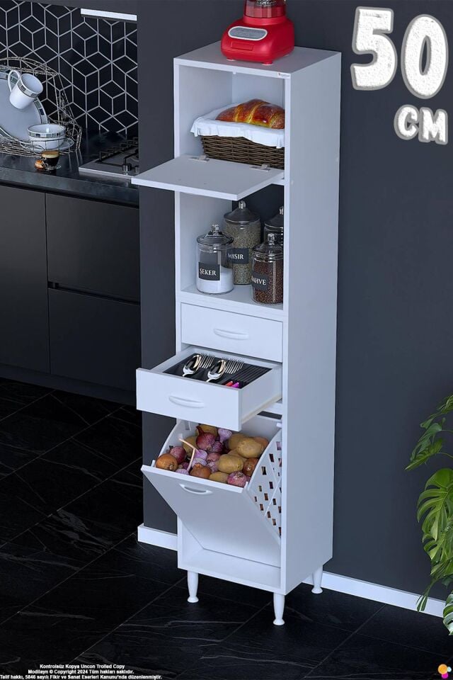 Duru 50 cm Çok Amaçlı Mutfak Dolabı Sepetli Kapaklı 2 Çekmeceli Dolap Banyo Kirli Çamaşır Dolabı