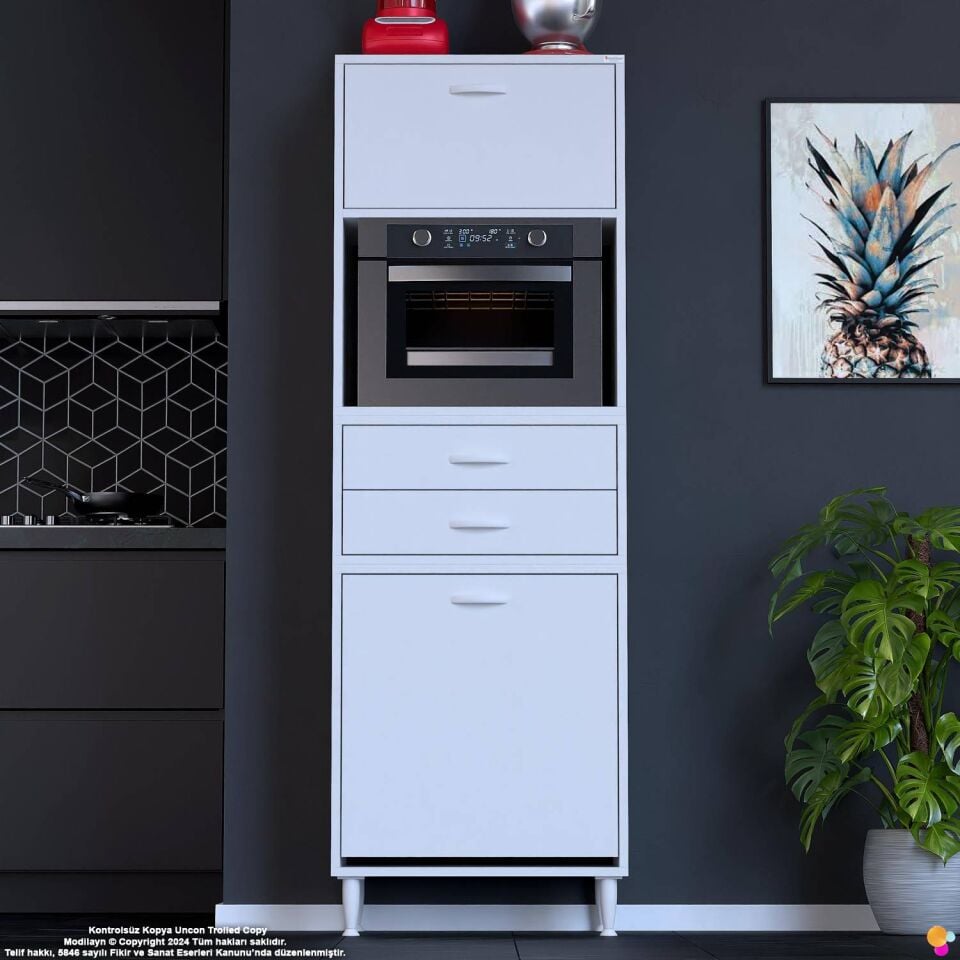 Duru 55 cm Çok Amaçlı Fırın Dolabı Sepetli Kapaklı 2 Çekmeceli Dolap Banyo Kirli Çamaşır Dolabı