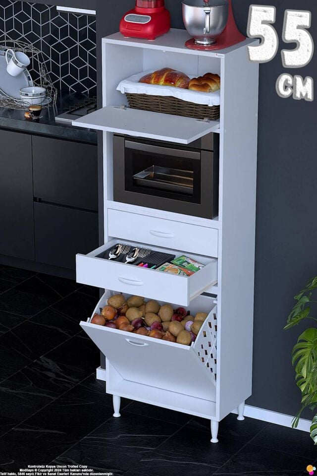 Duru 55 cm Çok Amaçlı Fırın Dolabı Sepetli Kapaklı 2 Çekmeceli Dolap Banyo Kirli Çamaşır Dolabı