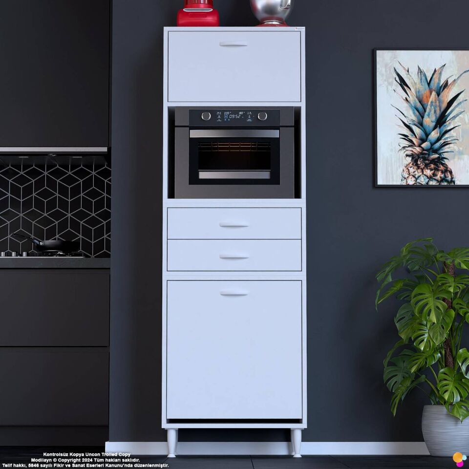 Duru 60 cm Çok Amaçlı Fırın Dolabı Sepetli Kapaklı 2 Çekmeceli Dolap Banyo Kirli Çamaşır Dolabı