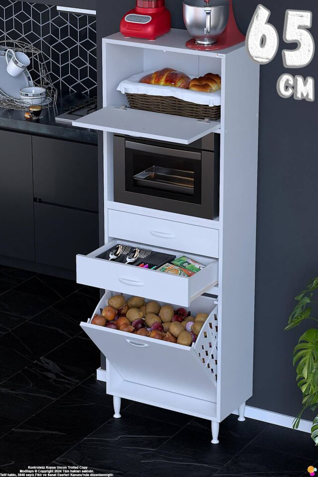 Duru 65 cm Çok Amaçlı Fırın Dolabı Sepetli Kapaklı 2 Çekmeceli Dolap Banyo Kirli Çamaşır Dolabı