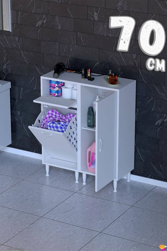 Lina 70 cm Çok Amaçlı Banyo Dolabı ve Çamaşır Sepetli Düzenleyici Beyaz ((35+35)x97x32 cm)
