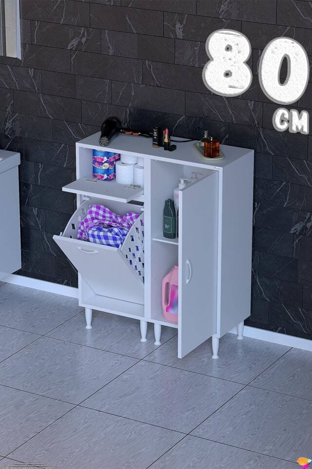 Lina 80 cm Çok Amaçlı Banyo Dolabı ve Çamaşır Sepetli Düzenleyici Beyaz ((40+40)x97x32 cm)