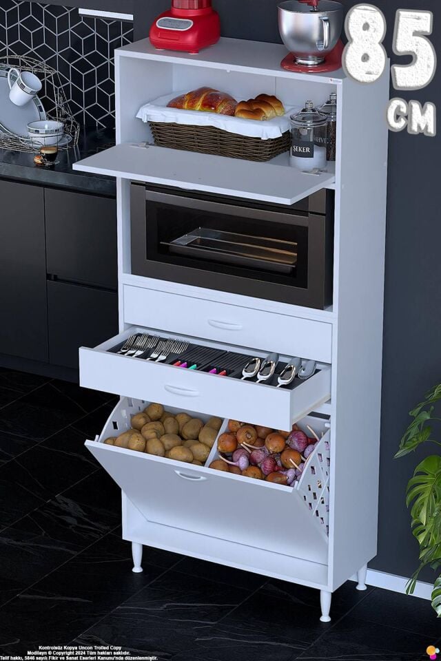 Duru 85 cm Çok Amaçlı Fırın Dolabı 2 Çekmeceli 2 Göz Sepetli Kapaklı Banyo Kirli Çamaşır Dolabı