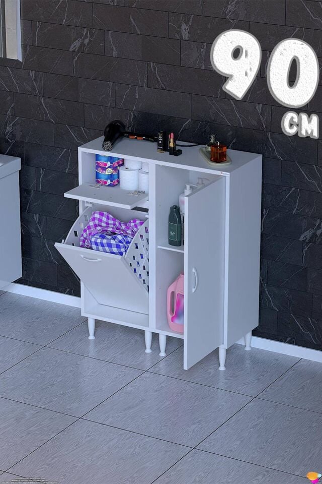 Lina 90 cm Çok Amaçlı Banyo Dolabı ve Çamaşır Sepetli Düzenleyici Beyaz ((45+45)x97x32 cm)
