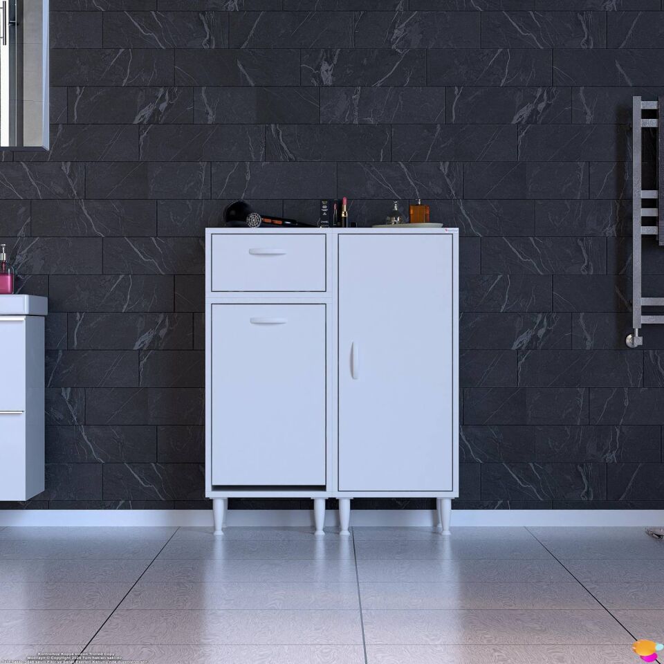 Lina 90 cm Çok Amaçlı Banyo Dolabı ve Çamaşır Sepetli Düzenleyici Beyaz ((45+45)x97x32 cm)