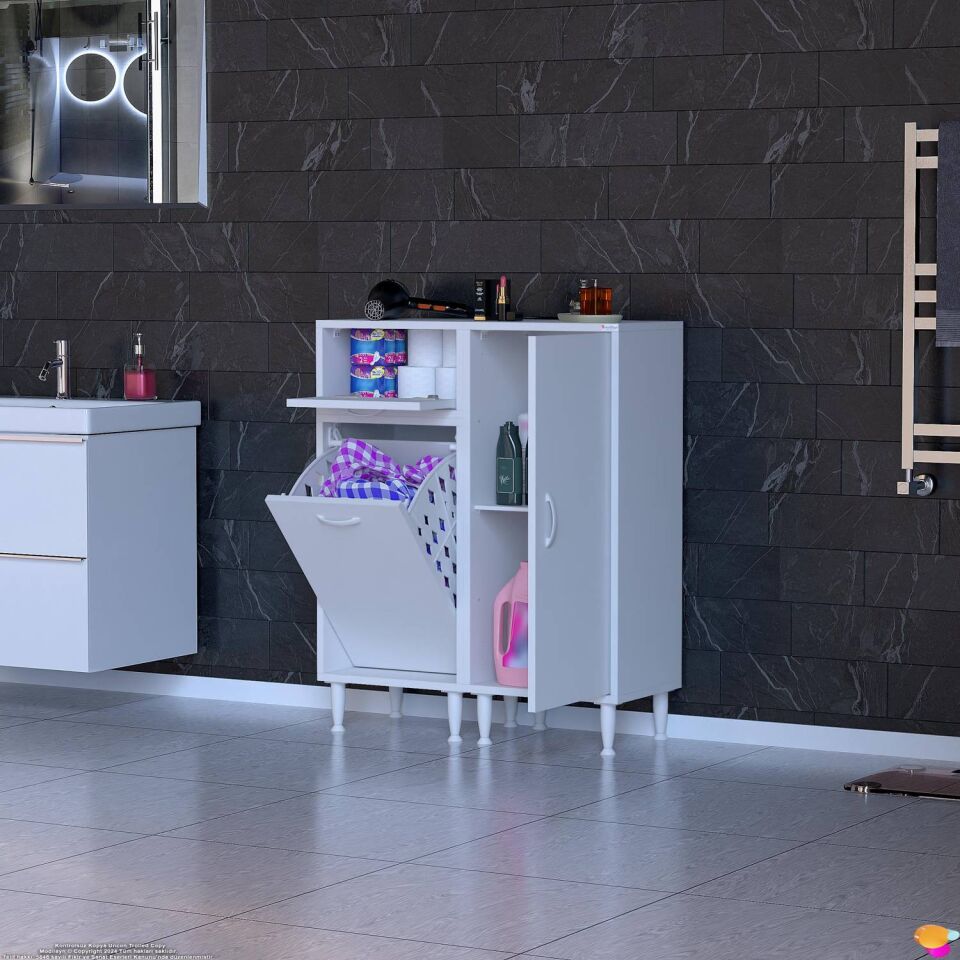 Lina 100 cm Çok Amaçlı Banyo Dolabı ve Çamaşır Sepetli Düzenleyici Beyaz ((50+50)x97x32 cm)