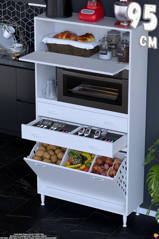 Duru 95 cm Çok Amaçlı Fırın Dolabı 2 Çekmeceli 3 Göz Sepetli Kapaklı Banyo Kirli Çamaşır Dolabı