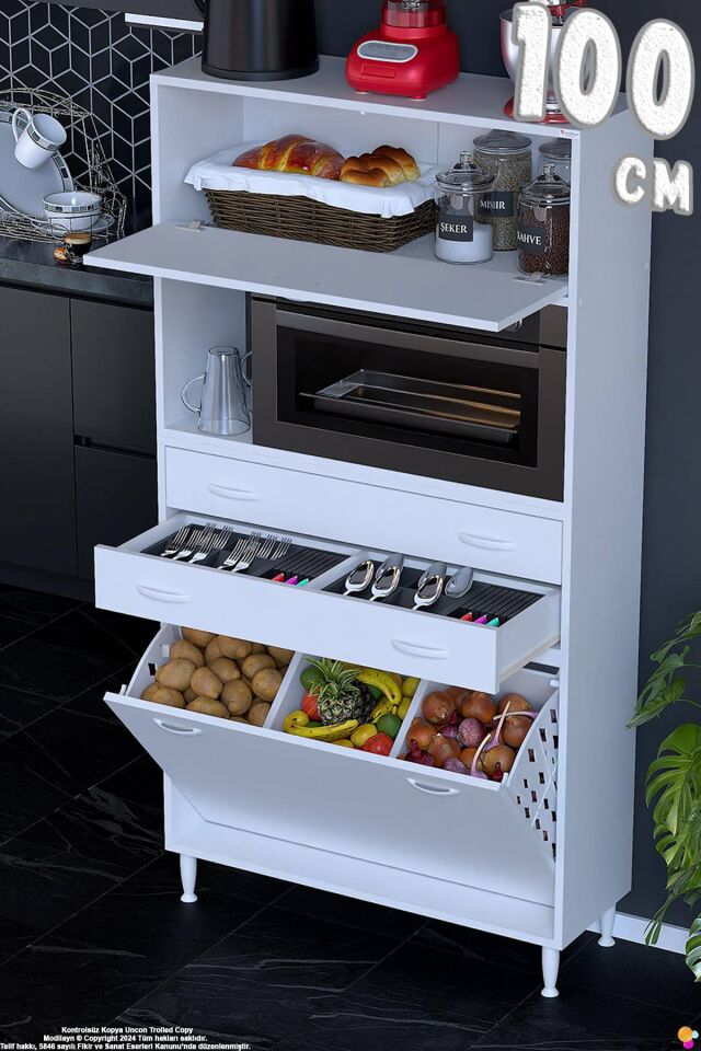 Duru 100 cm Çok Amaçlı Fırın Dolabı 2 Çekmeceli 3 Göz Sepetli Kapaklı Banyo Kirli Çamaşır Dolabı