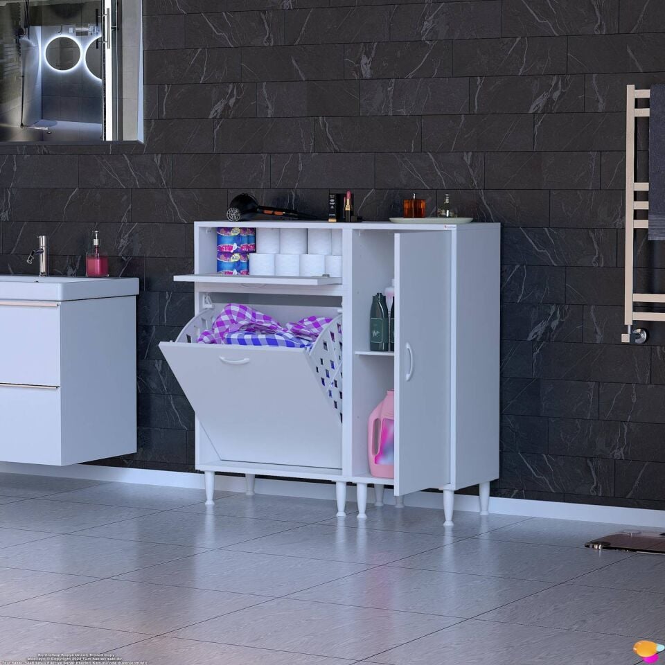 Nissa 100 cm Çok Amaçlı Çamaşır Sepetli Banyo Dolabı ve Kiler Düzenleyici Beyaz ((55+45)x97x32 cm)